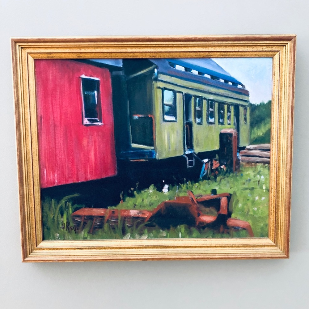 Art, Seashore Trolley Museum Oil Painting, 16 x 13